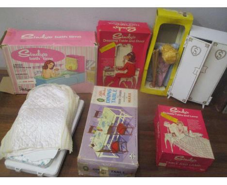 Sindy related accessories to include Bath Time, bedside table and lamp, dressing table A/F, wardrobe, little Holsten table an