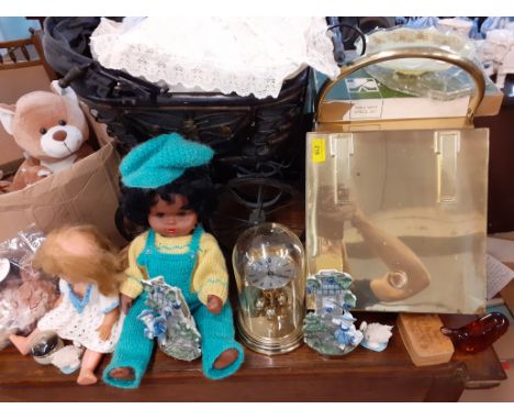 Decorative and domestic items to include brass coal scuttle, dolls, teddy bears, a dolls pram, a ceiling light and other item
