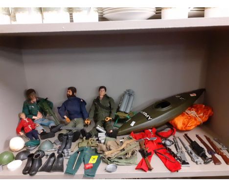 Three 1964 Pallitoy Action Man figures A/F, accessories and other items (Condition: The hands are discoloured and some are mi
