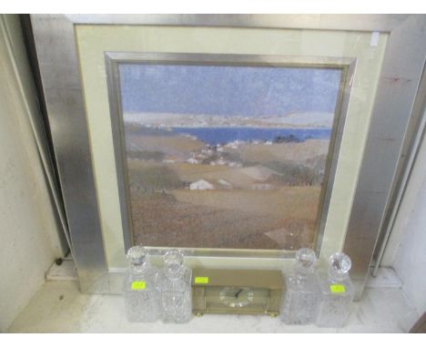 Four glass whisky decanters, a quartz onyx clock and decorative print in a silvered frame. Location LWM