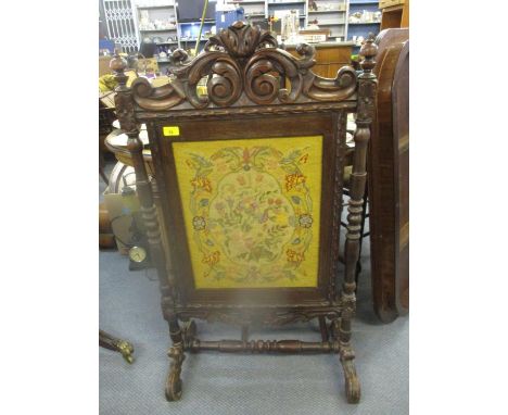 Victorian carved oak framed fire screen with floral tapestry panel and scrolled end feet, 108 x 61cm 