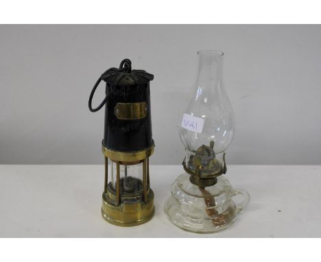 A vintage colliery coalminers lamp and glass oil lamp 