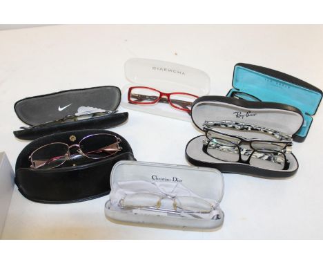 A selection of designer spectacle frames with cases: Ray Ban x2,Christian Dior,Givenchy,Versace,Ted Baker,Nike 
