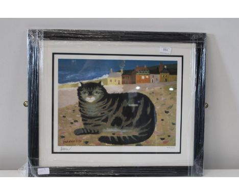 A signed and framed limited edition print 430/500 by Mary Fedden 'Cat on a Cornish beach 1991. Signed in pencil by the artist