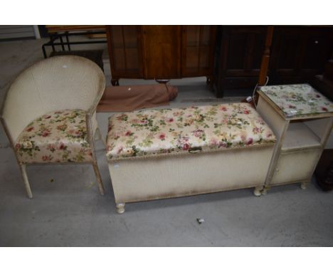 Three pieces of vintage woven fibre comprising bedding box, bedside cabinet and tub chair labelled Sirrom