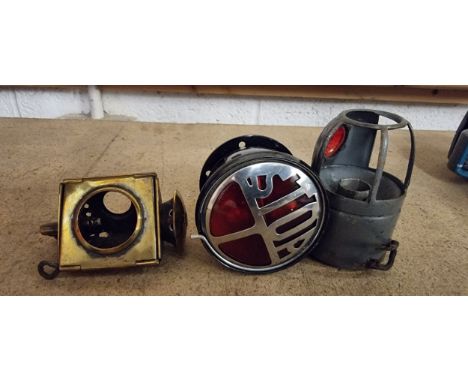 A The F.R.S. Lamps of Birmingham small triangular brass lamp and two other lamps.
