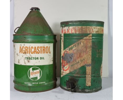 A Wakefield Castrol Motor Oil 5 gallon can, with tap, lacking cap, 43cm, and a Wakefield Agricastrol Tractor Oil can, cap (2)