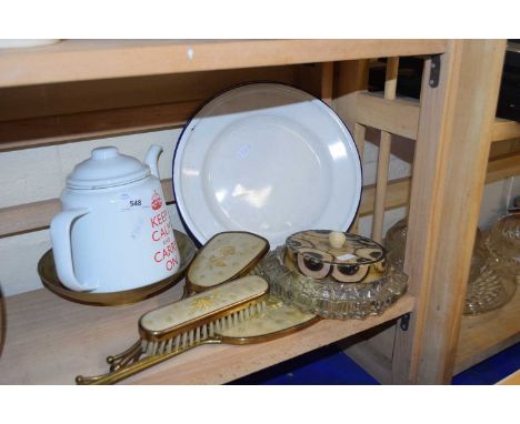 Keep Calm and Carry On enamel teapot together with an enamel dish, ashtray and a dressing table set