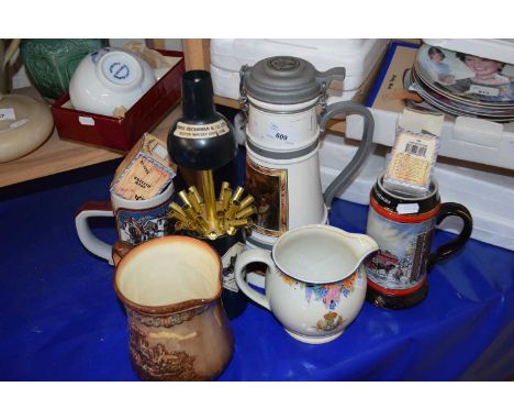 Mixed Lot: Stone ware steins, a Buchanans Choice Old Scotch Whisky novelty cigarette dispenser etc