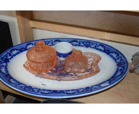 Blue and white transfer oval serving dish together with a pink glass dressing table set