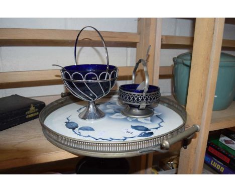 Ceramic and white metal tray together with two dishes