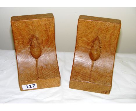 A pair of Robert Mouseman Thompson oak bookends, 15cm tall.