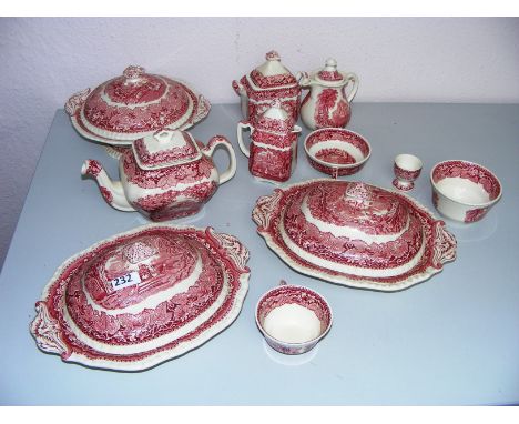 A very large Masons Vista Ironstone Red Transferware dinner and tea service (only a small portion photographed).