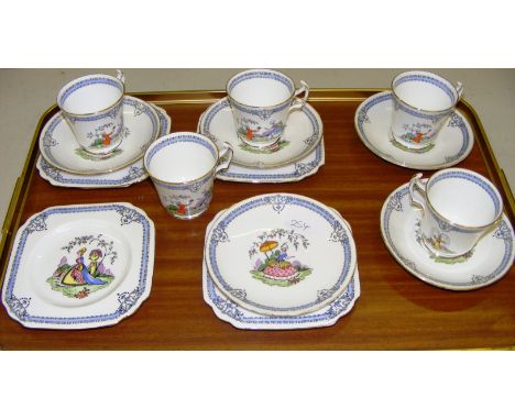 A selection of cups, saucers and side plates by New Chelsea in the "Dorothy Vernon" pattern, in good condition.