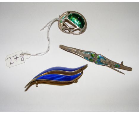 A Norway enamel brooch, sterling silver by Askel Holmsen, another by Charles Horner & one other example.