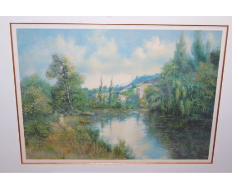 River landscape scene reproduction lithograph with Wentworth Gallery stamp, 66x90cm