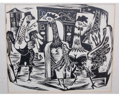 James Paterson - woodblock print, signed in pencil, two watercolours, and a pair of Latin annotated framed scrolls (5)