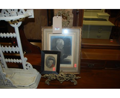 A Rococo style floral gilt metal table-top easel picture stand; together with a signed portrait; and a miniature print (3) 