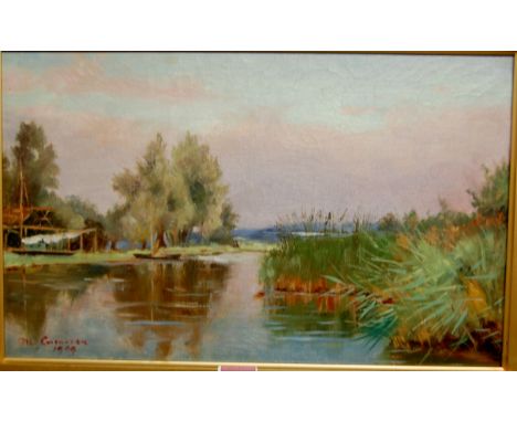 M Cameron - pair river landscapes, oil on canvas, each signed and dated 1909, 25x40cm