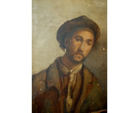 Early 20th century French school - half length portrait of a peasant, oil on canvas, label verso and further Sotheby's stenci