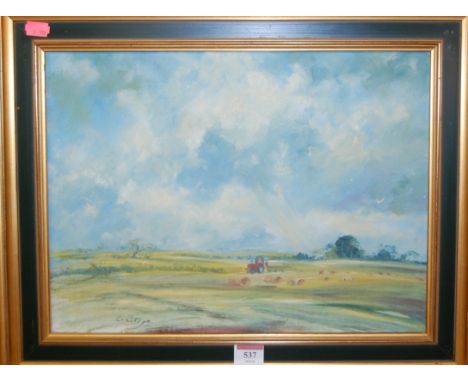 M Lethbridge - Suffolk Harvest, oil on canvas, signed lower left, 30x40cm; and one other unsigned - landscape study, oil on c