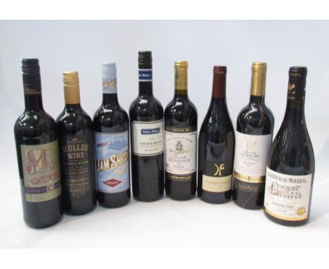 Six bottles of various red wines, 2015 Dinastia Manzanos Rioja, 2020 Wirra Wirra Church Block, 2020 Jam Shed Shiraz, 2012 Die