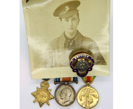 Miniature World War I medal trio, photograph and British Legion badge. P&amp;P Group 1 (£14+VAT for the first lot and £1+VAT 