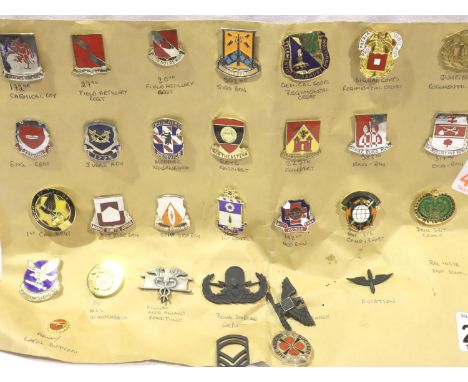 Card mounted display of American military regimental pin badges, thirty in total. P&amp;P Group 3 (£25+VAT for the first lot 