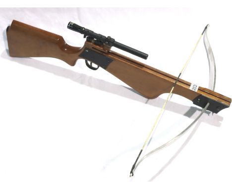 Bespoke made steel and mahogany crossbow with Webley telescopic sight. P&amp;P Group 3 (£25+VAT for the first lot and £5+VAT 