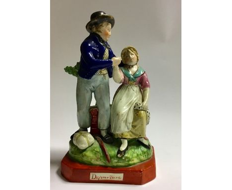 A Staffordshire pearlware figure of the Sailors Departure, overglaze enamels, the sailor with royal blue jacket and light blu