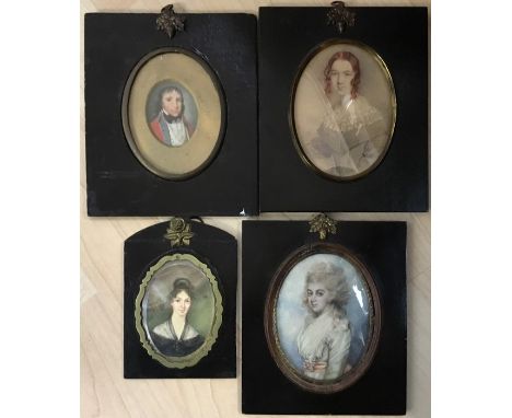 Four portrait miniatures to included a lady in 18th century dress, a pastel of red haired lady, a portrait of a lady face on,