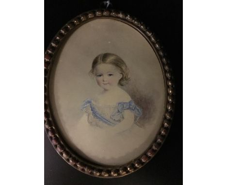 English school, 19th century, portrait of a young girl, with blue bow and detailing over white dress, blushed cheeks and blue