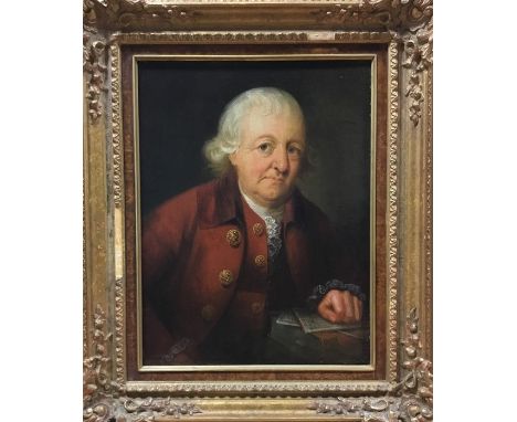 English school, attributed to F. millet, 18th Century, portrait of a gentleman, help length beside a table, wearing a burgund