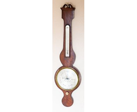 A late George III banjo barometer, silvered temperature and barometric displays, marked A. Abraham &amp; Co., opticians, Live