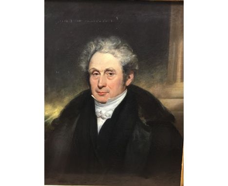 English school, 19th century, portrait of a gentleman in white cravat with large overcoat, the background showing a classical