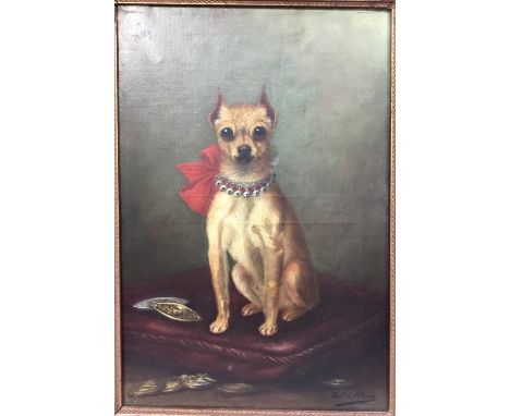 Zelia Maria Klezx (Belgian, late 19th Century), ‘Petty’- portrait of a chihuahua wearing a bell collar and red bow, signed lo