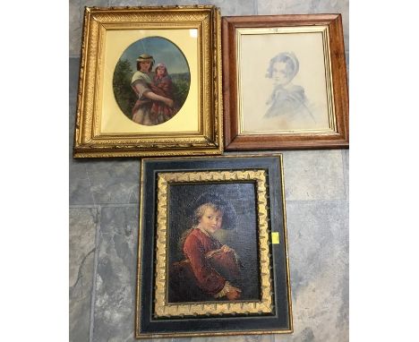 An oil on canvas of a young lady holding child in a country environment within oval gilt mount and gilt frame; a pencil sketc