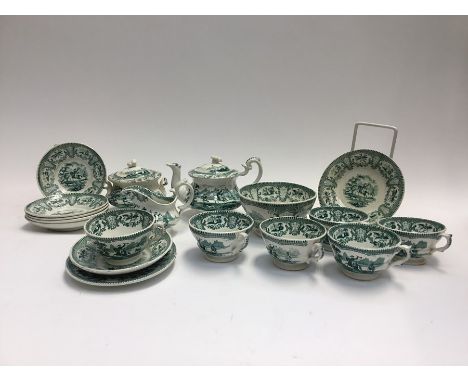 A mid 19th century child’s tea set, Staffordshire Benjamin Godwin, Caledonia pattern, transfer printed in green, central scen