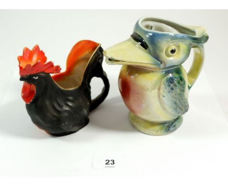 A novelty Art Deco bird form jug and a bisque cockerel one 