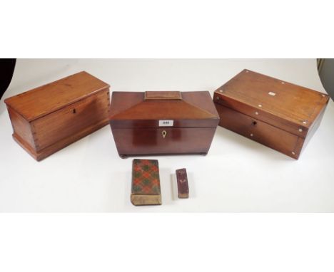 A 19th mahogany sarcophagus form tea caddy, no interior and two other wooden boxes 