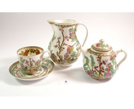 A Coalport Indian Tree part tea service comprising: four cups and saucers, five tea plates, two jugs, small teapot, sugar and