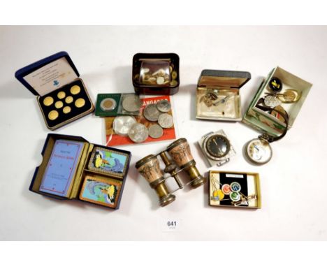 A compass from Helsinki, opera glass and various other collectables, buttons, badges, coins, medals etc. 