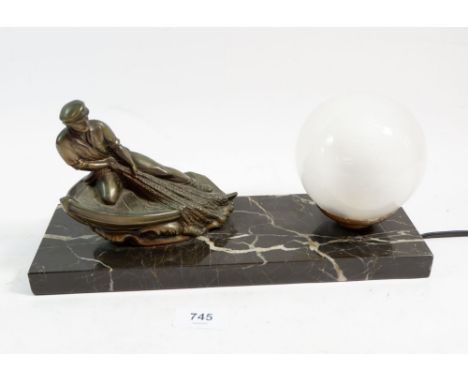 An Art Deco marble light fitting with bronze finish - fisherman and globe, 30cm wide 