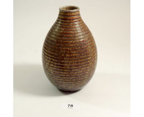 A Royal Doulton Art Pottery vase, the ribbed body with purple to red speckled lustre glaze, unusual square mark to base Royal