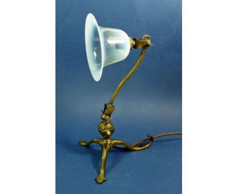 A WAS Benson Arts &amp; Crafts brass table lamp with vaseline glass shade, stamped mark to base, total height approx 27cm