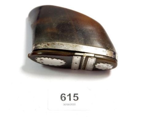 A 19th century carved horn or hoof snuff box with white metal mounts, 8 x 6.4cm 