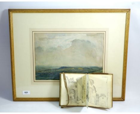 Robert Anning Bell - RA RWS watercolour 'From Pitch Hill' Surrey, signed and titled, 24 x 34cm plus a small sketch book 