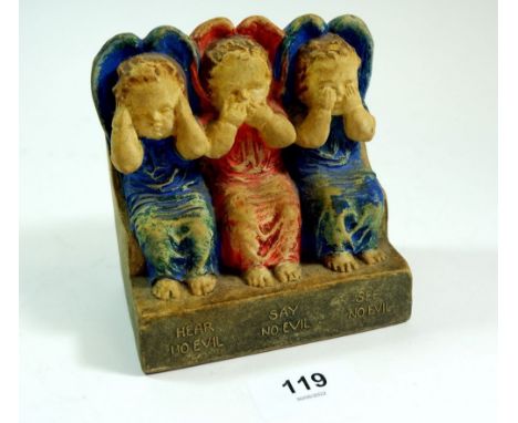 A Compton Pottery Mary Watts group of three angels 'Hear No Evil, See No Evil, Speak No Evil' 