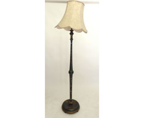 A Chinoiserie black lacquered standard lamp with gilt decoration and shade 