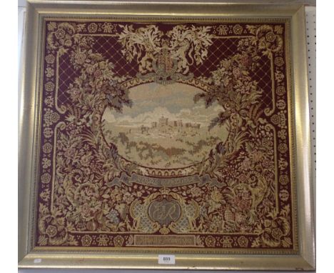 A machine made tapestry to commemorate the Coronation of Queen Elizabeth II depicting Windsor Castle, 55 x 60cm 